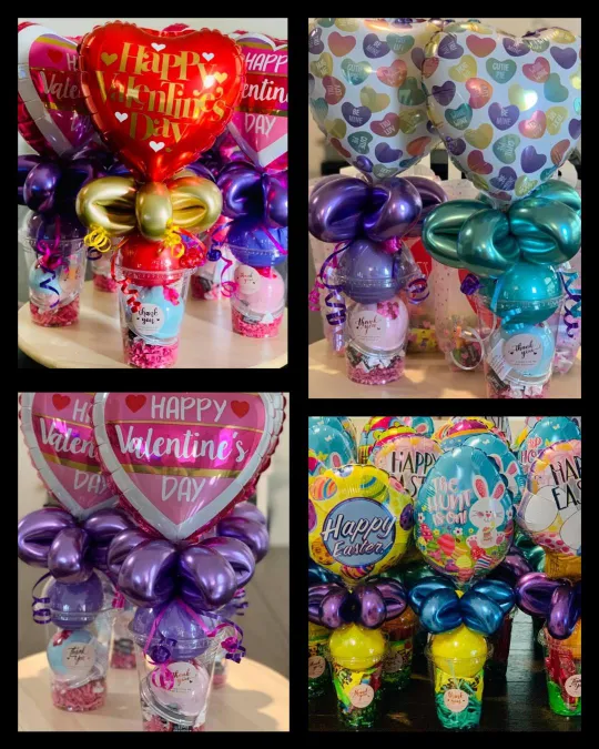 Clear candy cups topped with foil heart and Easter balloons, filled with sweets and finished with curling ribbon.
