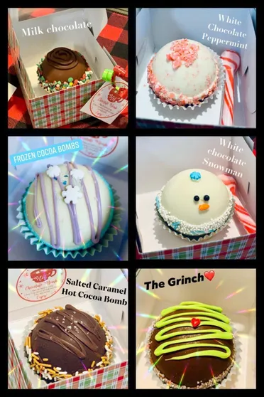 Boxed hot cocoa bombs in milk chocolate, white chocolate peppermint, snowman and salted caramel designs.
