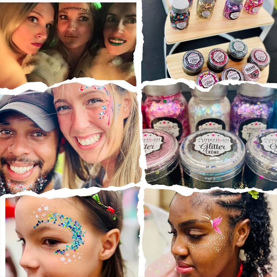 A collage of glitter and face art: glitter lips, a glitter beard, chunky glitter around the eyes, a painted pink leaf design, and pots of cosmetic-grade glitter crème.