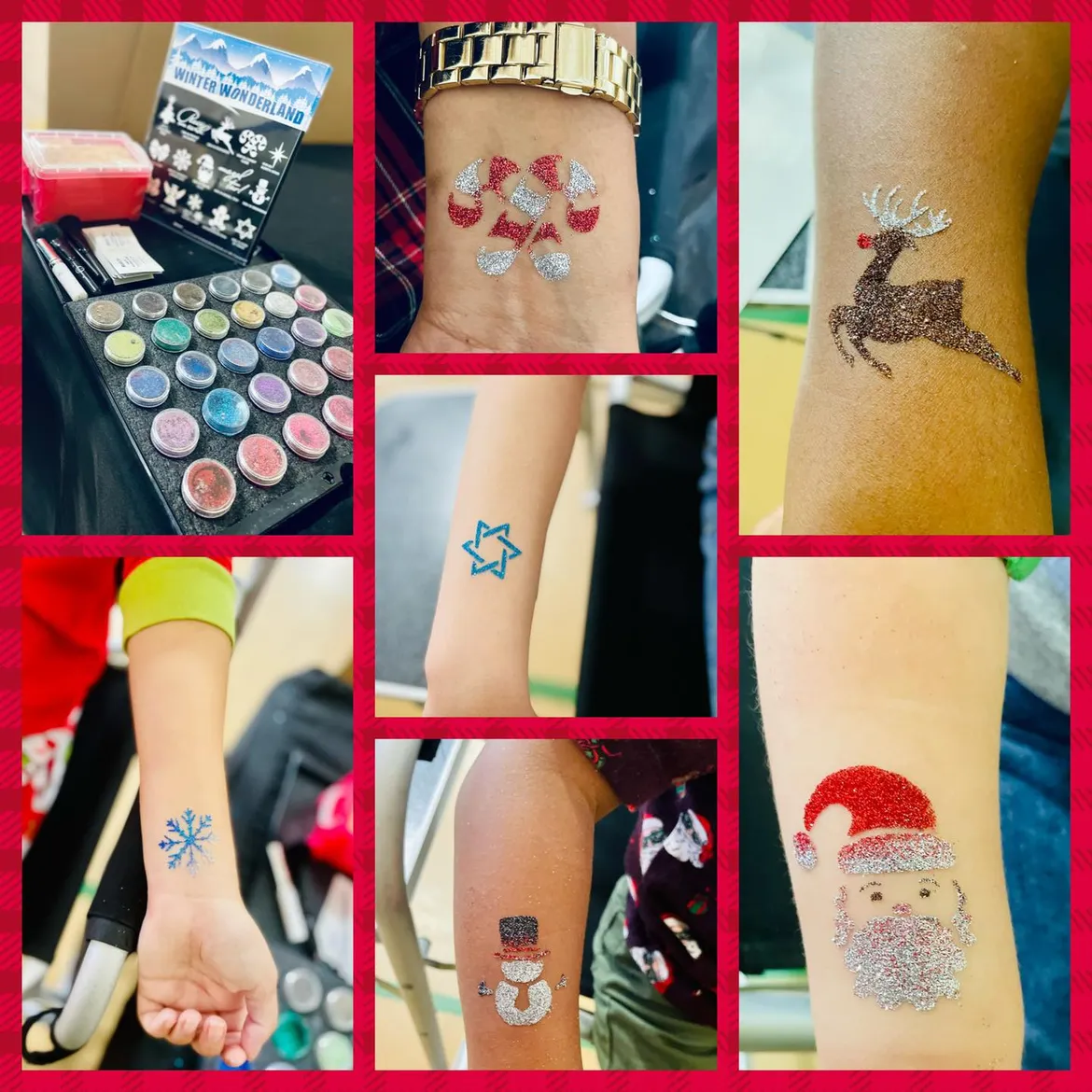 A collage of festive glitter tattoos including a reindeer, snowflake, snowman and Santa.