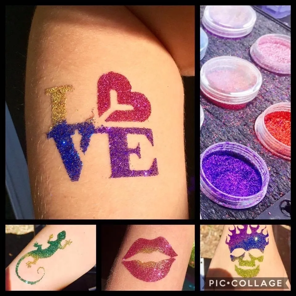 A collage of glitter tattoo designs including a LOVE stencil, a gecko, lips and flames, alongside pots of cosmetic glitter.