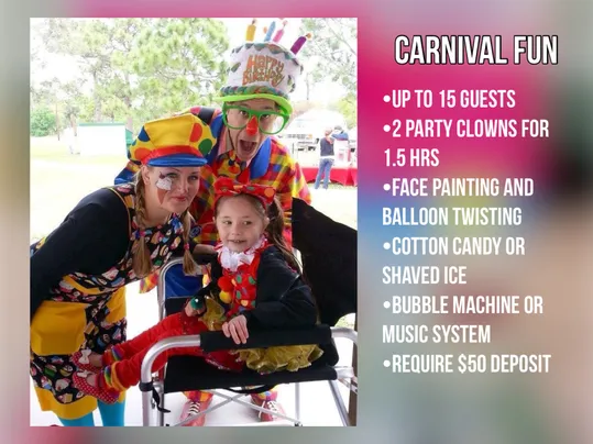 Two Cheerioograms party clowns posing with a smiling child wearing a birthday hat at an outdoor event.
