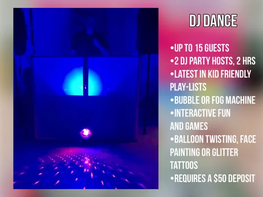 A darkened party room lit by blue and pink DJ lights projecting patterns across the floor.