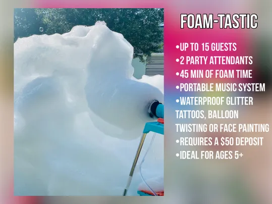 A foam cannon filling a backyard with a mountain of white party foam.