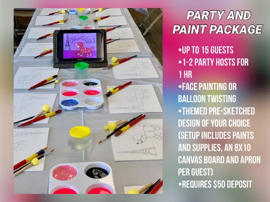 A long table set for a paint party with pre-sketched canvases, brushes and palettes of colorful paint.