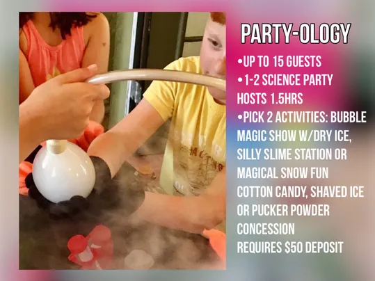 Children watching thick dry-ice fog pour out of a flask during a science party demonstration.