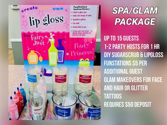 A DIY lip gloss station set up on a table with labelled bottles, glitter and a make-your-own instruction sign.
