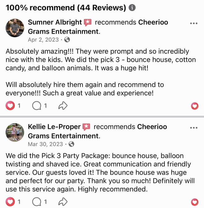 Facebook reviews page showing 100% recommend across 44 reviews, with recommendations from Sumner Albright and Kellie Le-Proper.